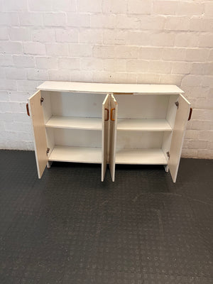 White and Light Wood Four Door Kitchen Cupboard — Good Working Order – side view