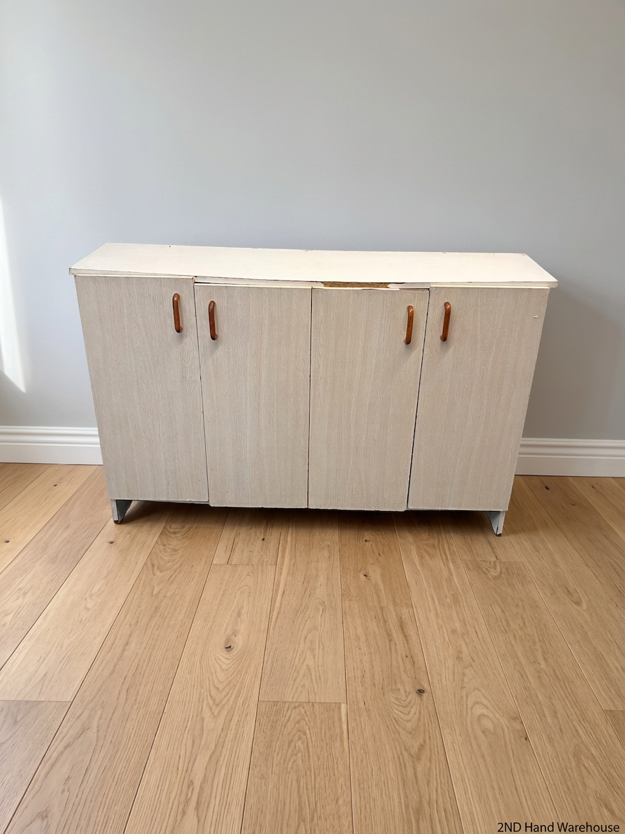 White and Light Wood Four Door Kitchen Cupboard — Good Working Order – styled product image
