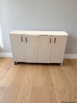 White and Light Wood Four Door Kitchen Cupboard — Good Working Order – styled product image