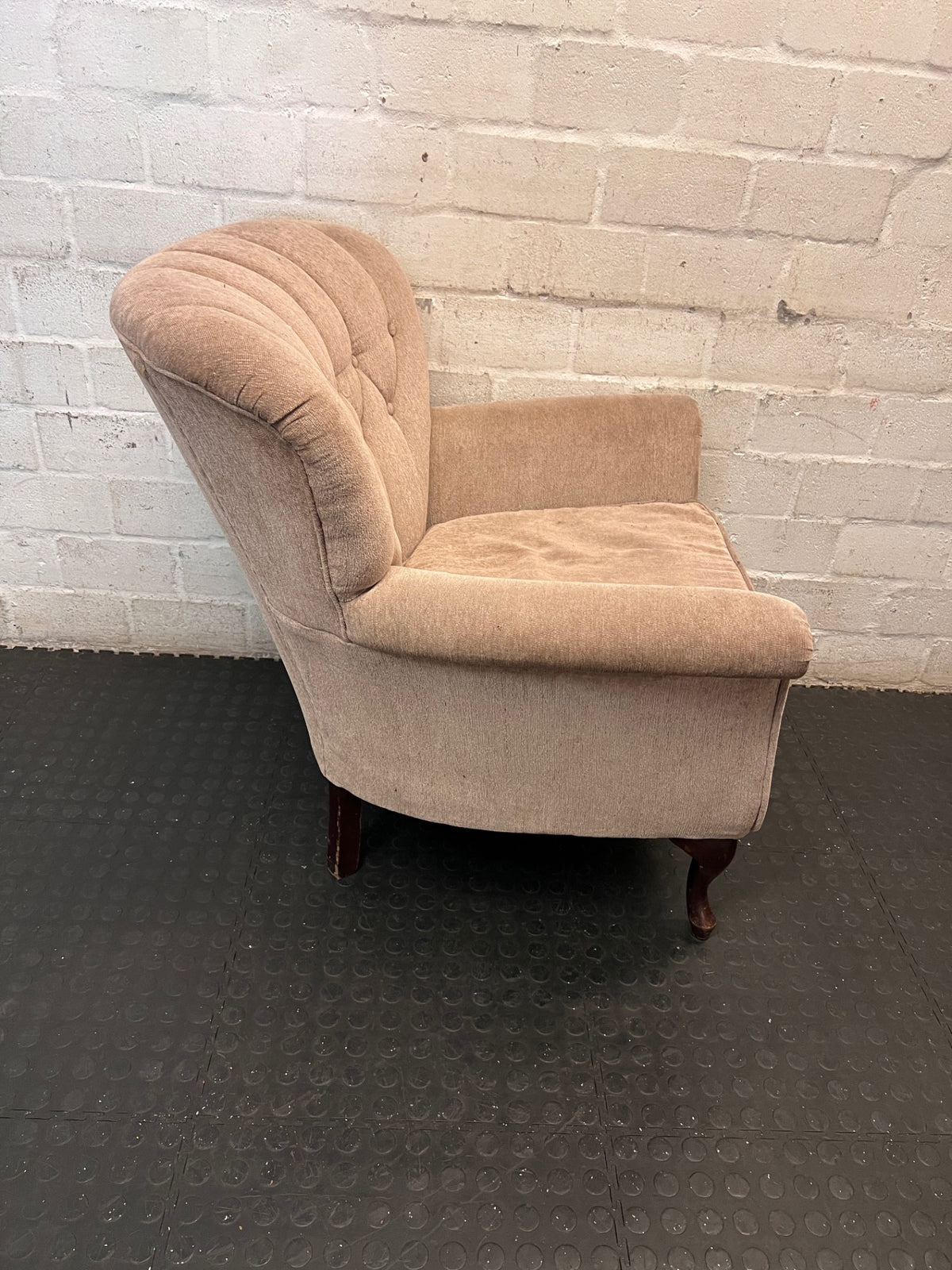Victorian Style 1 Seater Couch in Beige — Fair Used Condition – back view