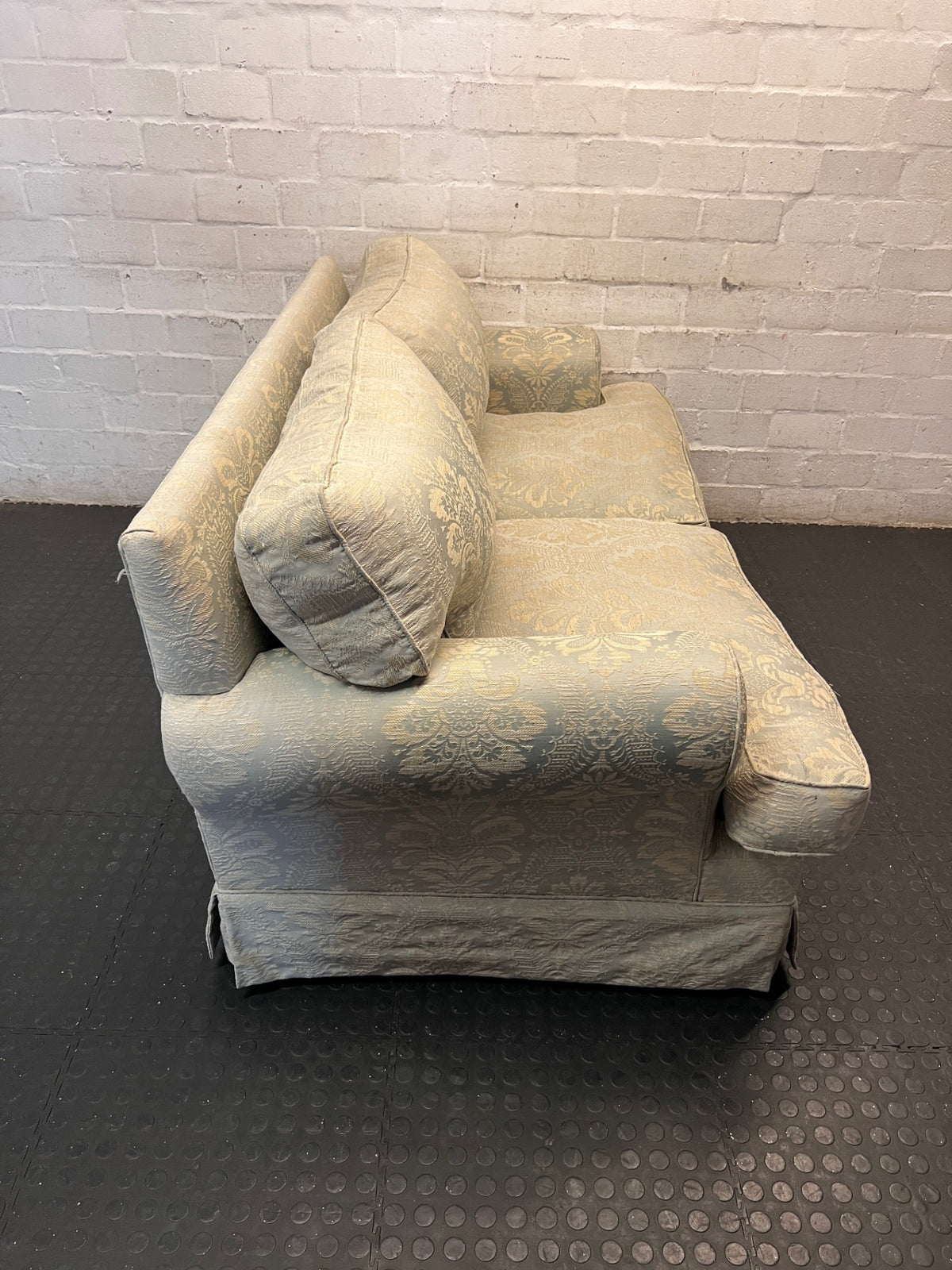 Sage and Gold Damask 2 Seater Couch — Good Secondhand Condition – back view