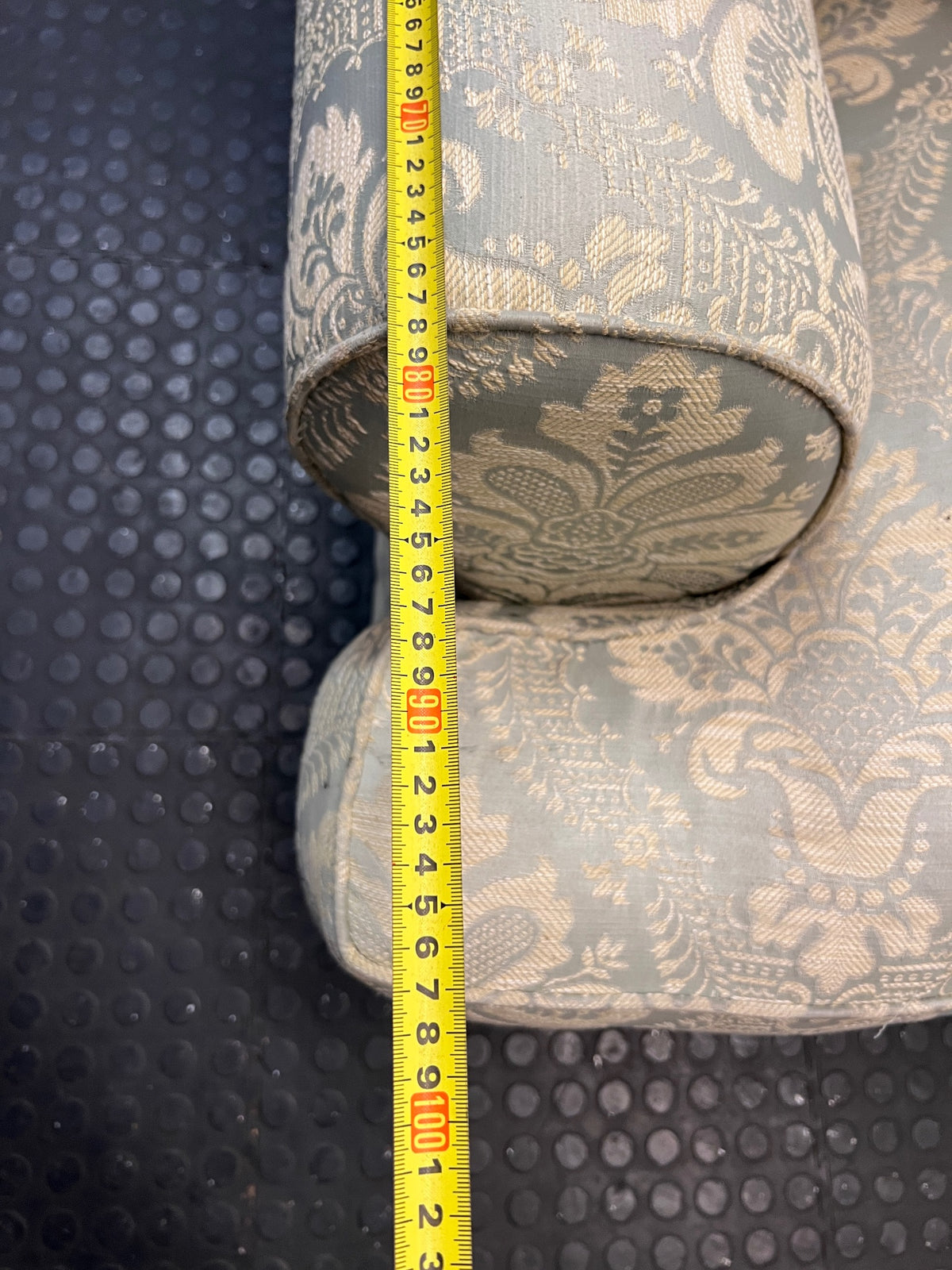 Sage and Gold Damask 2 Seater Couch — Good Secondhand Condition – depth measurement