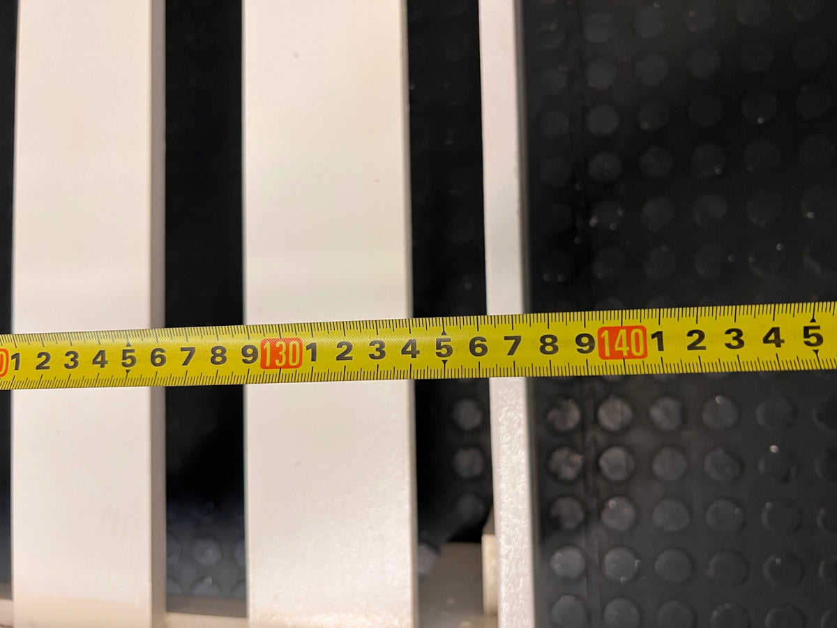 White Wooden Toddler Bed Frame with Slatted Base — Significant Wear and Missing Slats – depth measurement