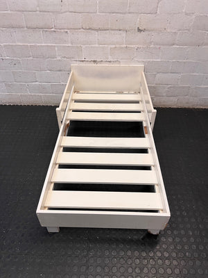 White Wooden Toddler Bed Frame with Slatted Base — Significant Wear and Missing Slats – main front view