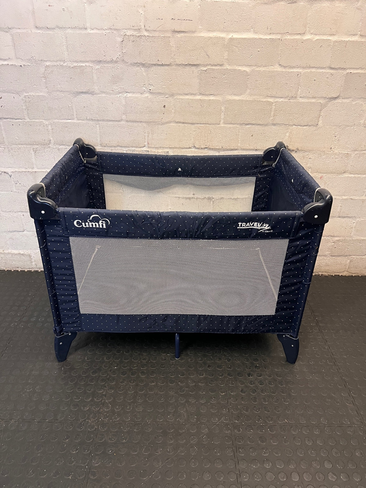 Polka Dot Portable Baby Cot and Playpen — Fair Condition; Large Frame Size – back view