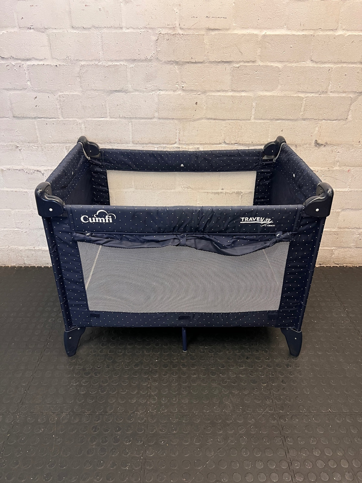Polka Dot Portable Baby Cot and Playpen — Fair Condition; Large Frame Size – side view