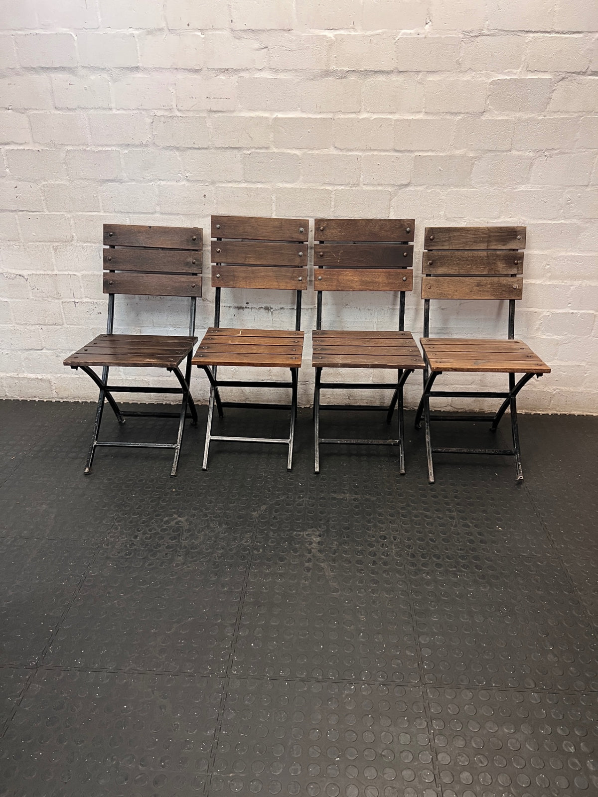 Rustic Slatted Timber and Metal Folding Chair – back view