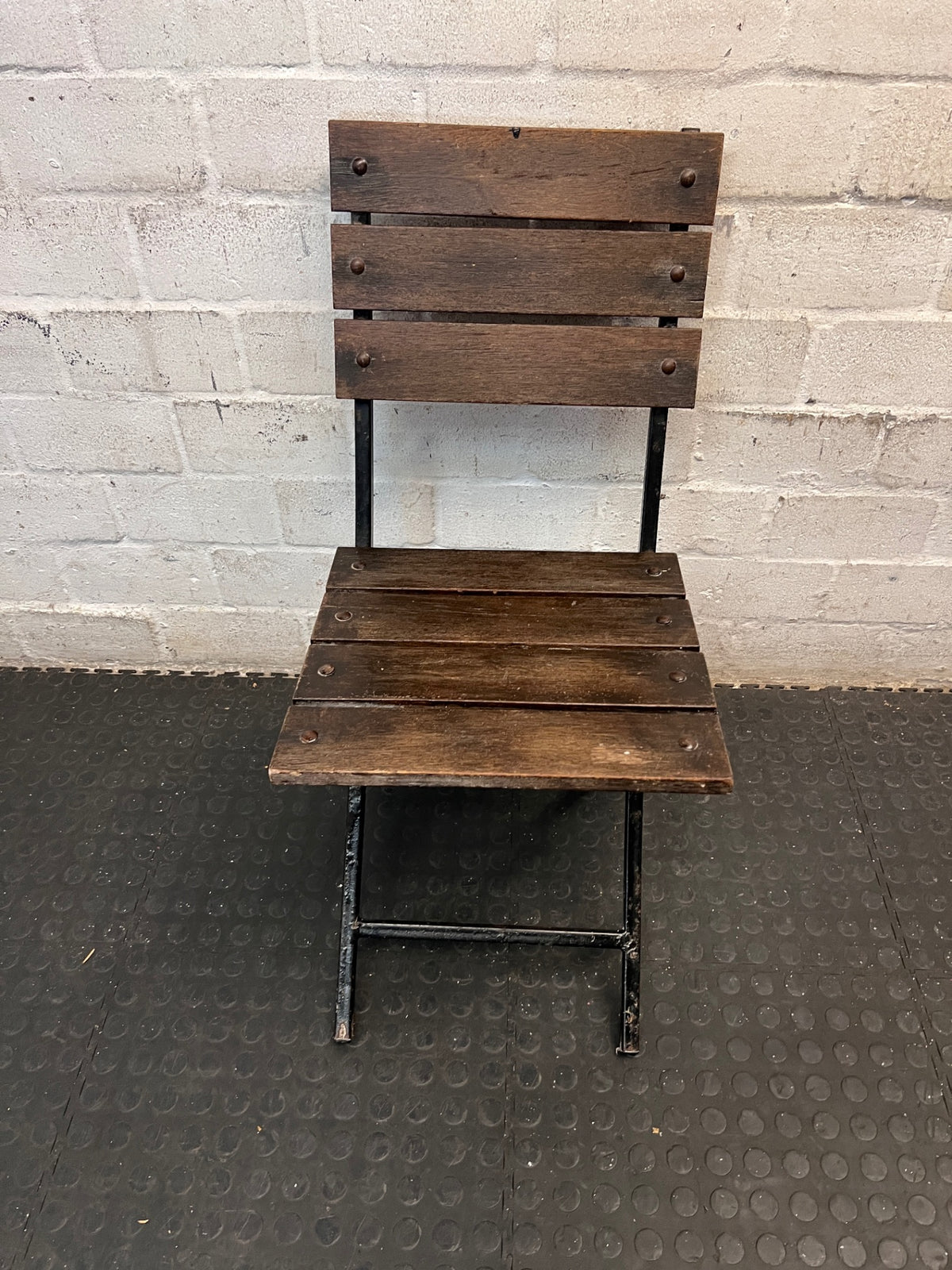 Rustic Slatted Timber and Metal Folding Chair – main front view
