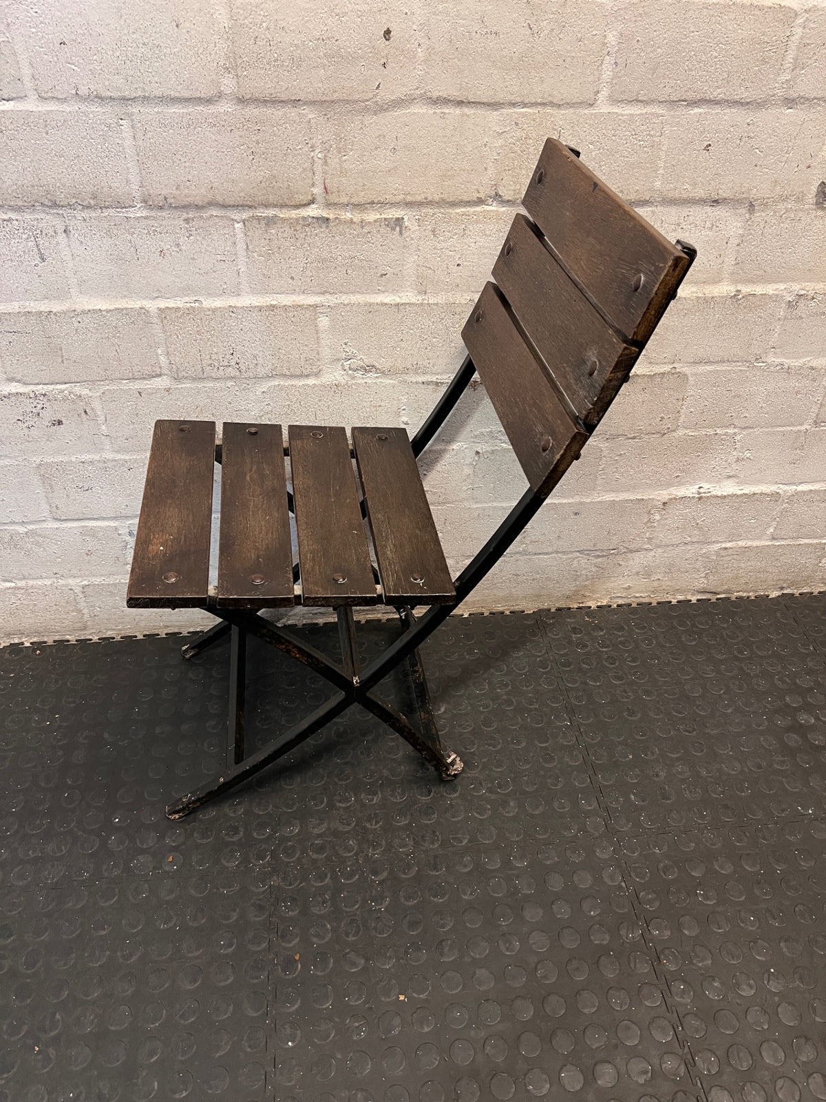 Rustic Slatted Timber and Metal Folding Chair – side view