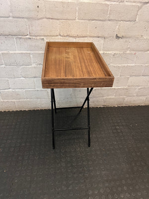 Wooden Butler Tray with Black Metal Stand – side view