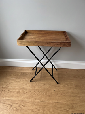 Wooden Butler Tray with Black Metal Stand – styled product image