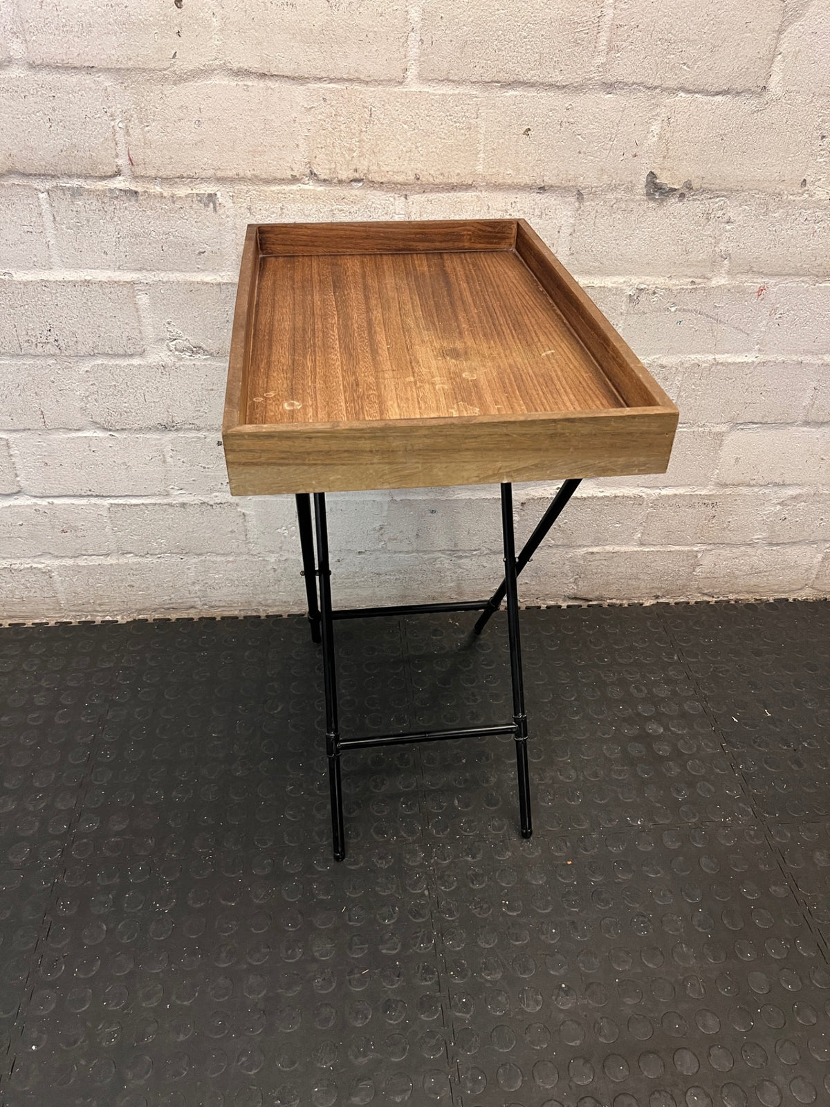 Wooden Butler Tray with Black Metal Stand – top view