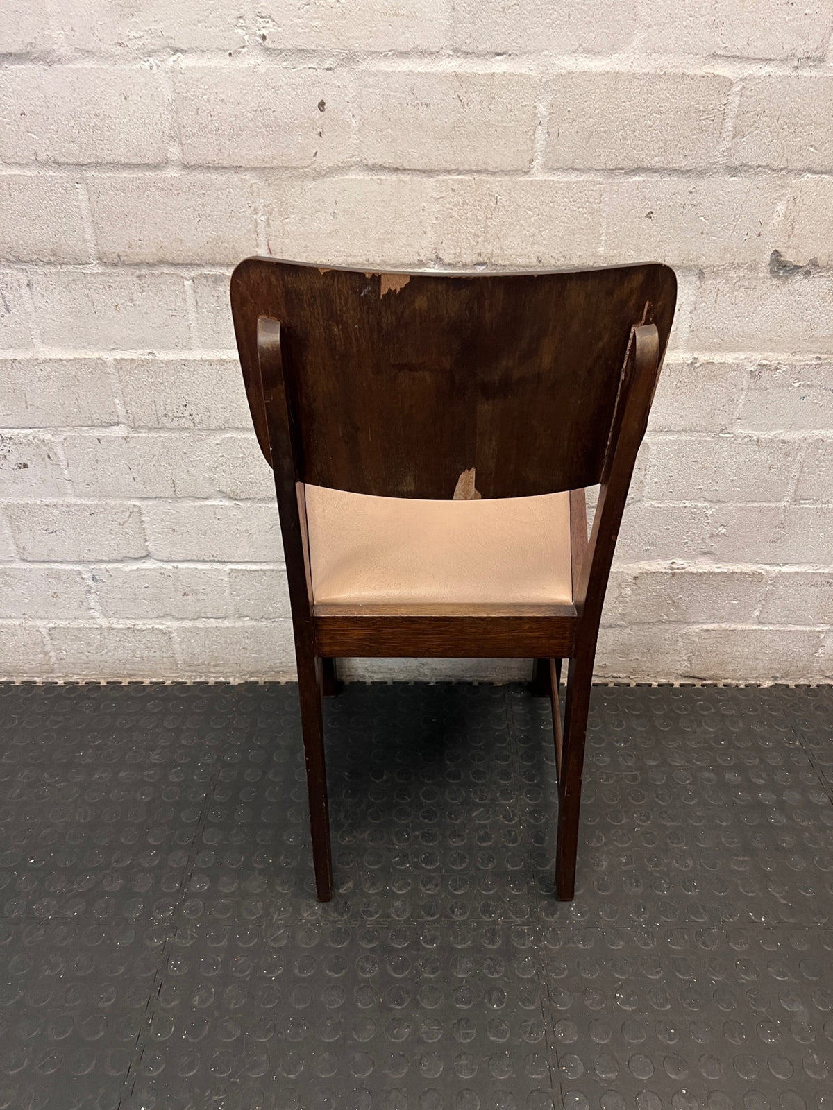 Vintage Style Brown Timber Dining Chair with Tan Upholstery — Fair Condition with Visible Surface Wear – back view