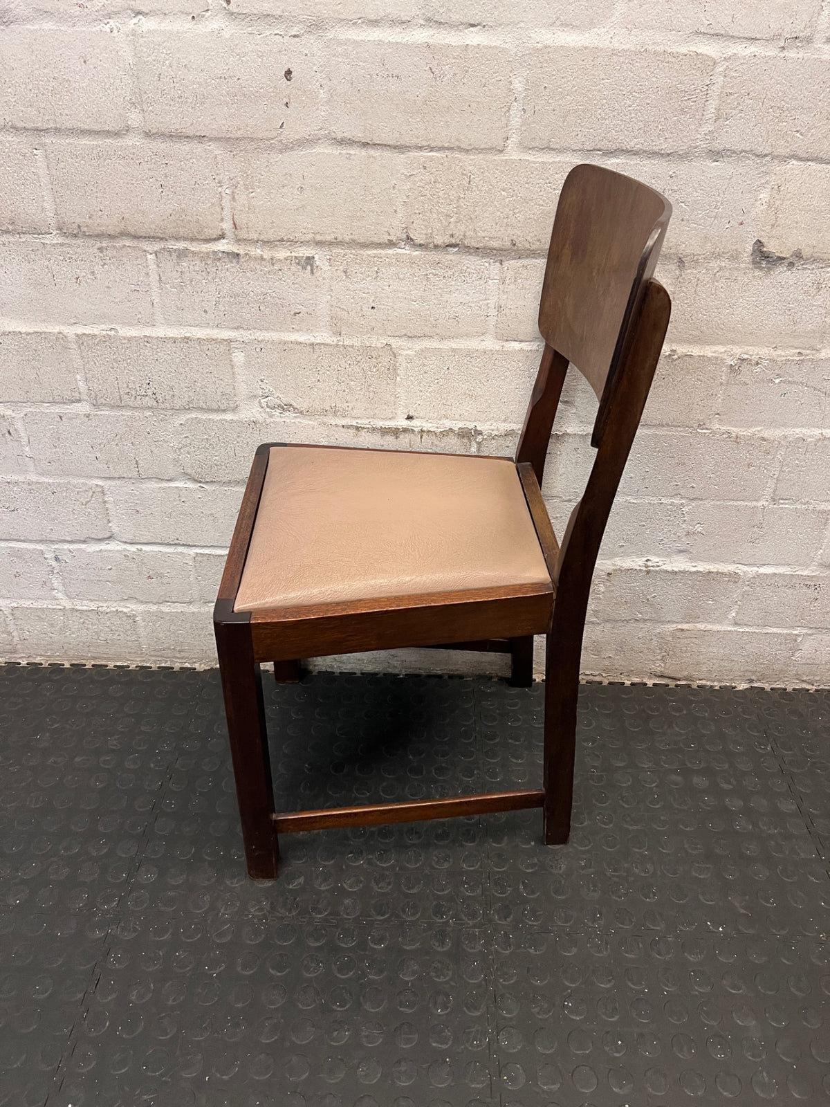 Vintage Style Brown Timber Dining Chair with Tan Upholstery — Fair Condition with Visible Surface Wear – condition detail