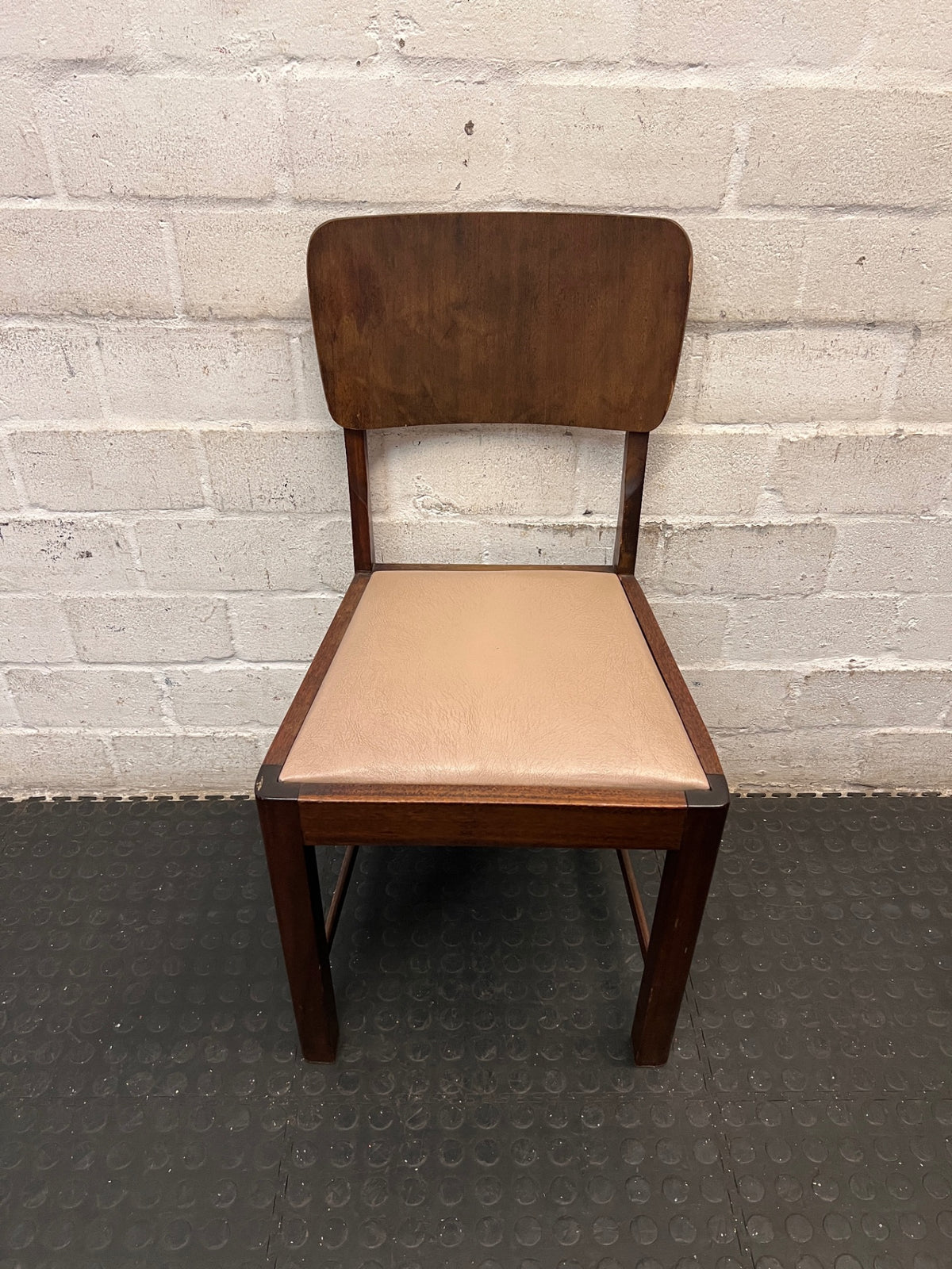 Vintage Style Brown Timber Dining Chair with Tan Upholstery — Fair Condition with Visible Surface Wear – main front view
