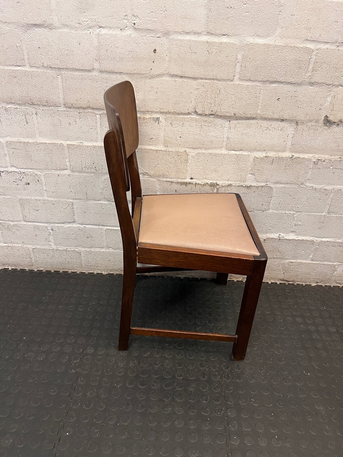 Vintage Style Brown Timber Dining Chair with Tan Upholstery — Fair Condition with Visible Surface Wear – top view