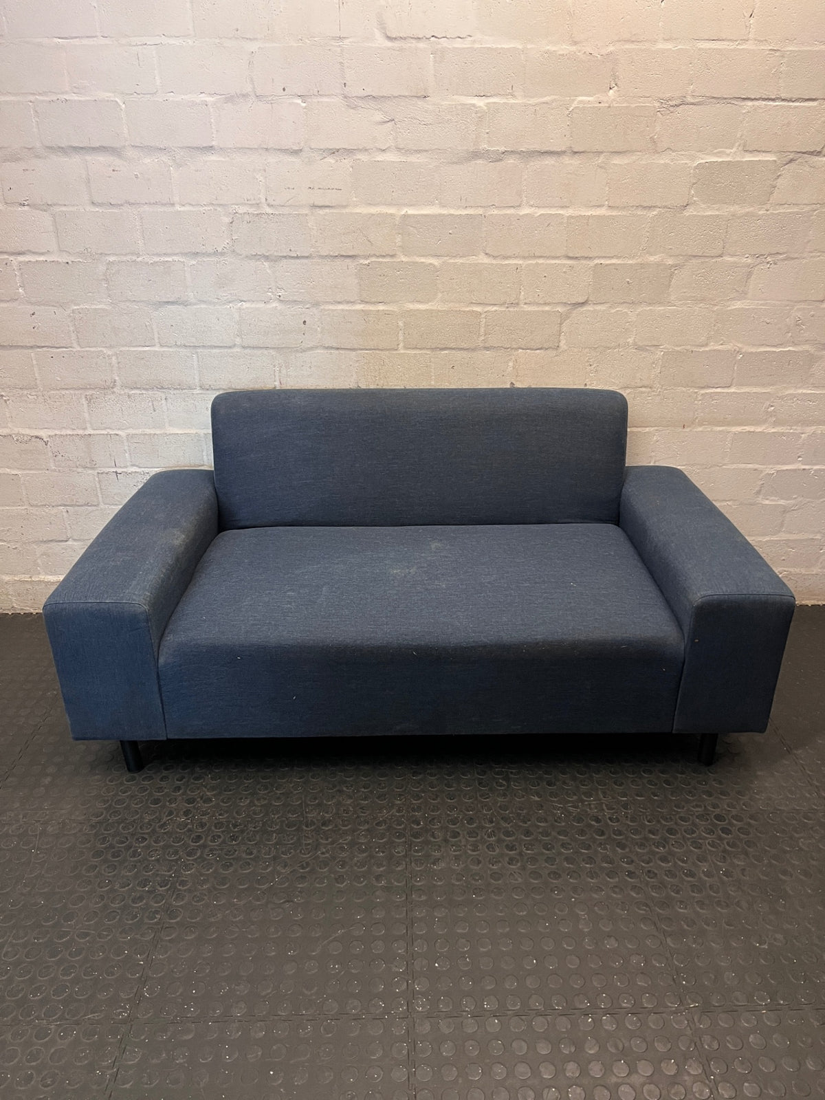 Modern Blue Fabric 2-Seater Couch — Fair Condition with Visible Wear – main front view