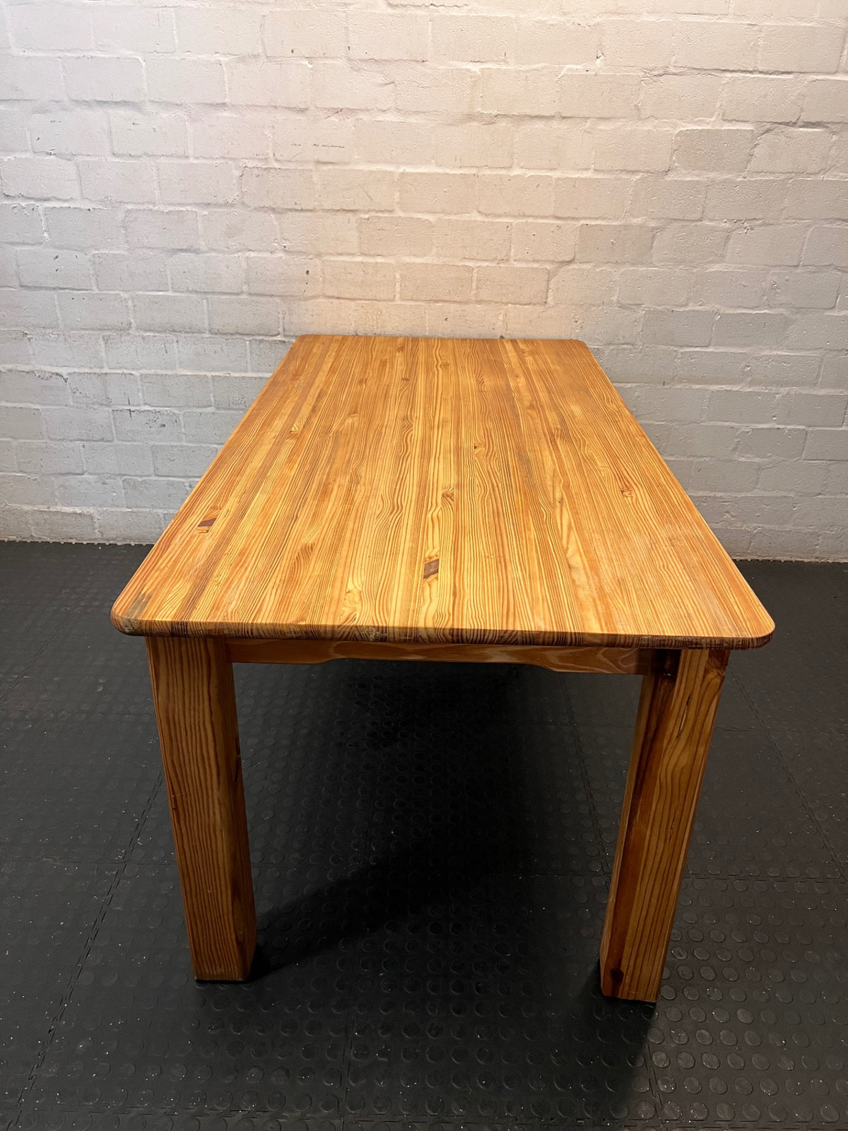 Solid Pine Dining Table in Oak Finish — Minor Green Mark on Table Top – back view