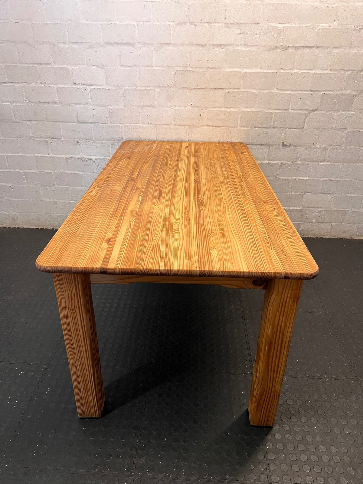 Solid Pine Dining Table in Oak Finish — Minor Green Mark on Table Top – side view