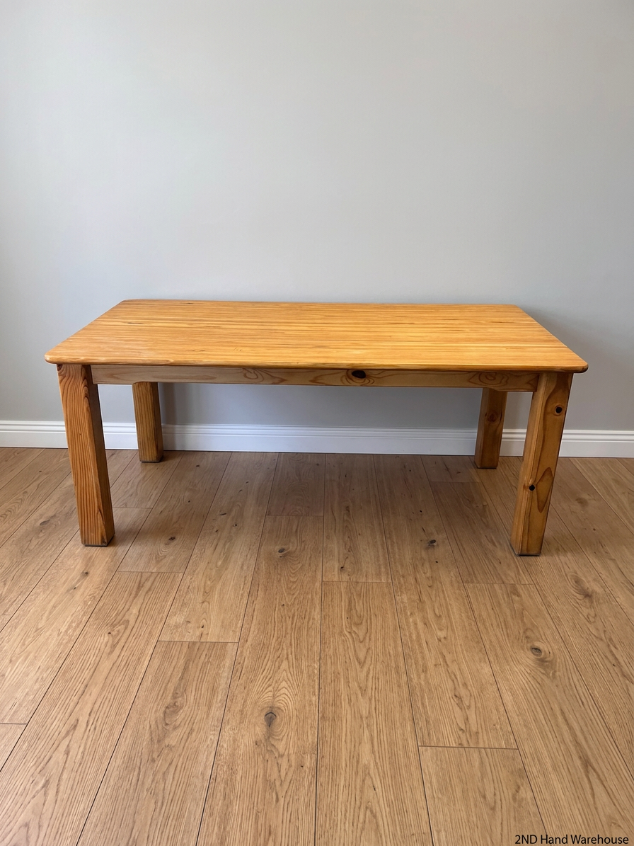 Solid Pine Dining Table in Oak Finish — Minor Green Mark on Table Top – styled product image