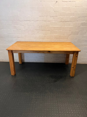 Solid Pine Dining Table in Oak Finish — Minor Green Mark on Table Top – top view