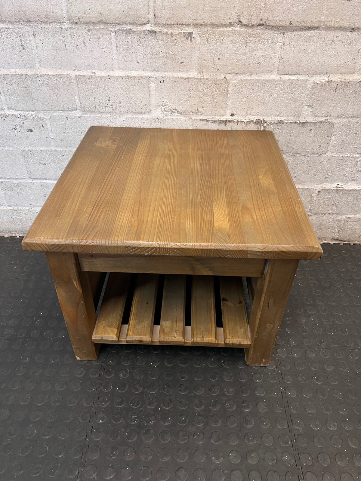 Square Brown Wooden Coffee Table with Slatted Shelf — Fair Used Condition – back view