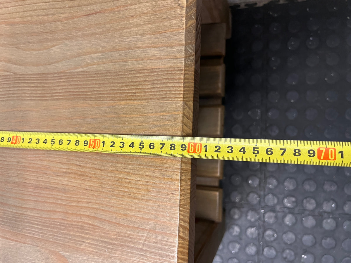 Square Brown Wooden Coffee Table with Slatted Shelf — Fair Used Condition – depth measurement