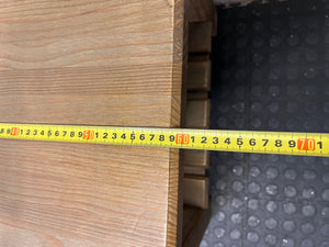 Square Brown Wooden Coffee Table with Slatted Shelf — Fair Used Condition – depth measurement