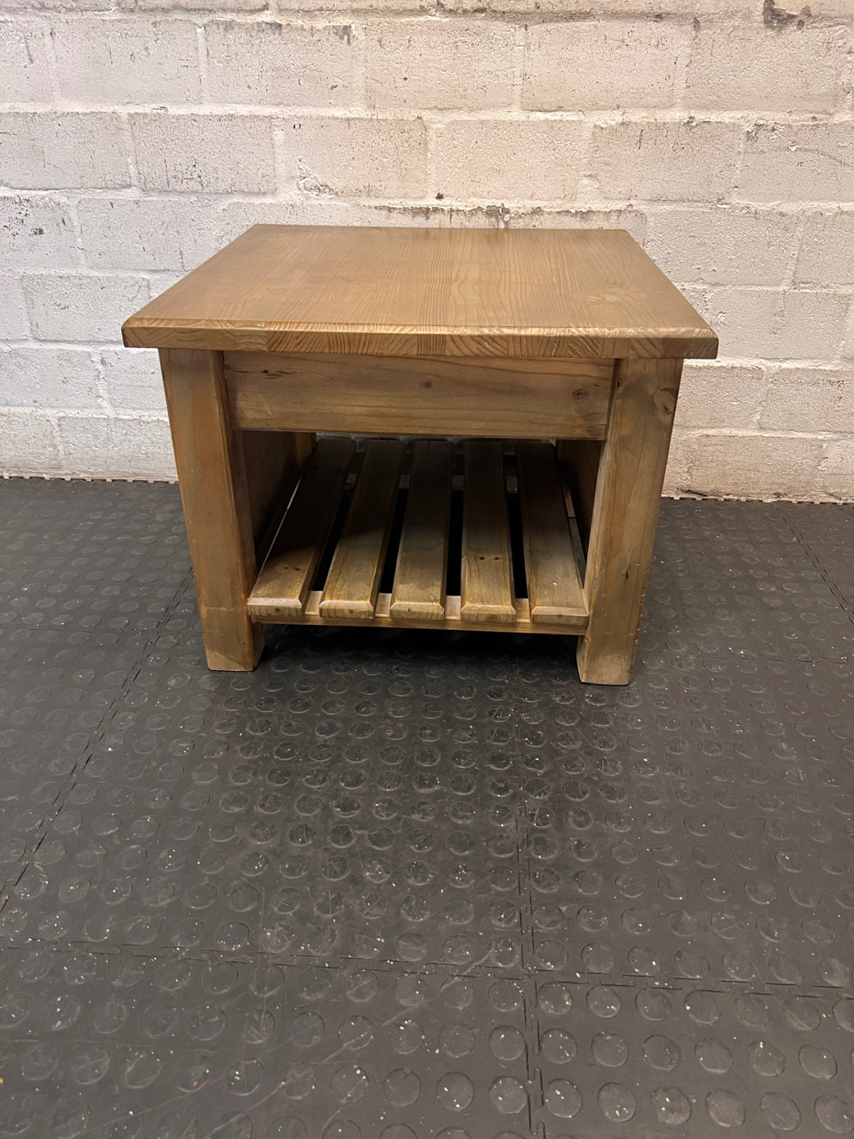 Square Brown Wooden Coffee Table with Slatted Shelf — Fair Used Condition – main front view