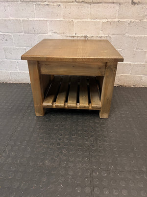 Square Brown Wooden Coffee Table with Slatted Shelf — Fair Used Condition – main front view