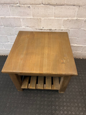Square Brown Wooden Coffee Table with Slatted Shelf — Fair Used Condition – side view