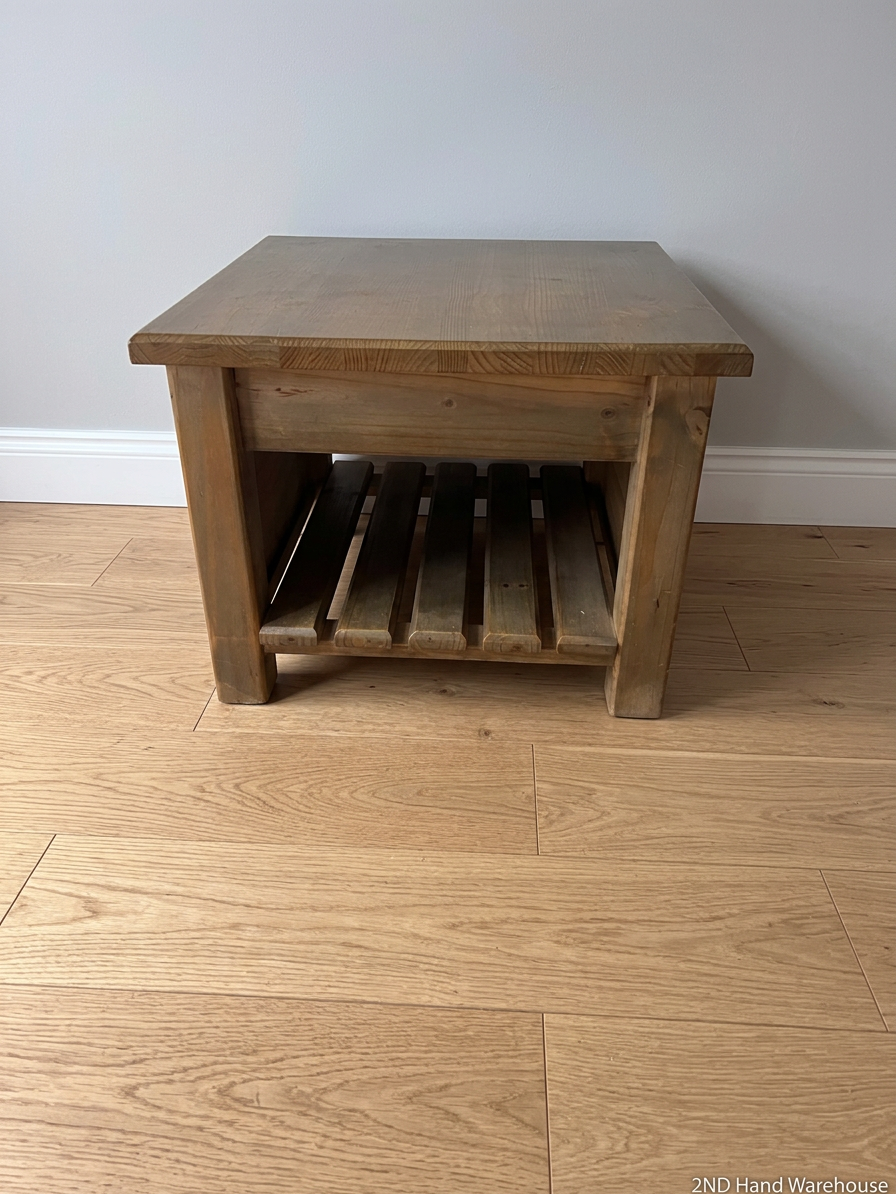 Square Brown Wooden Coffee Table with Slatted Shelf — Fair Used Condition – styled product image