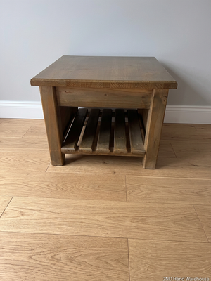 Square Brown Wooden Coffee Table with Slatted Shelf — Fair Used Condition – styled product image
