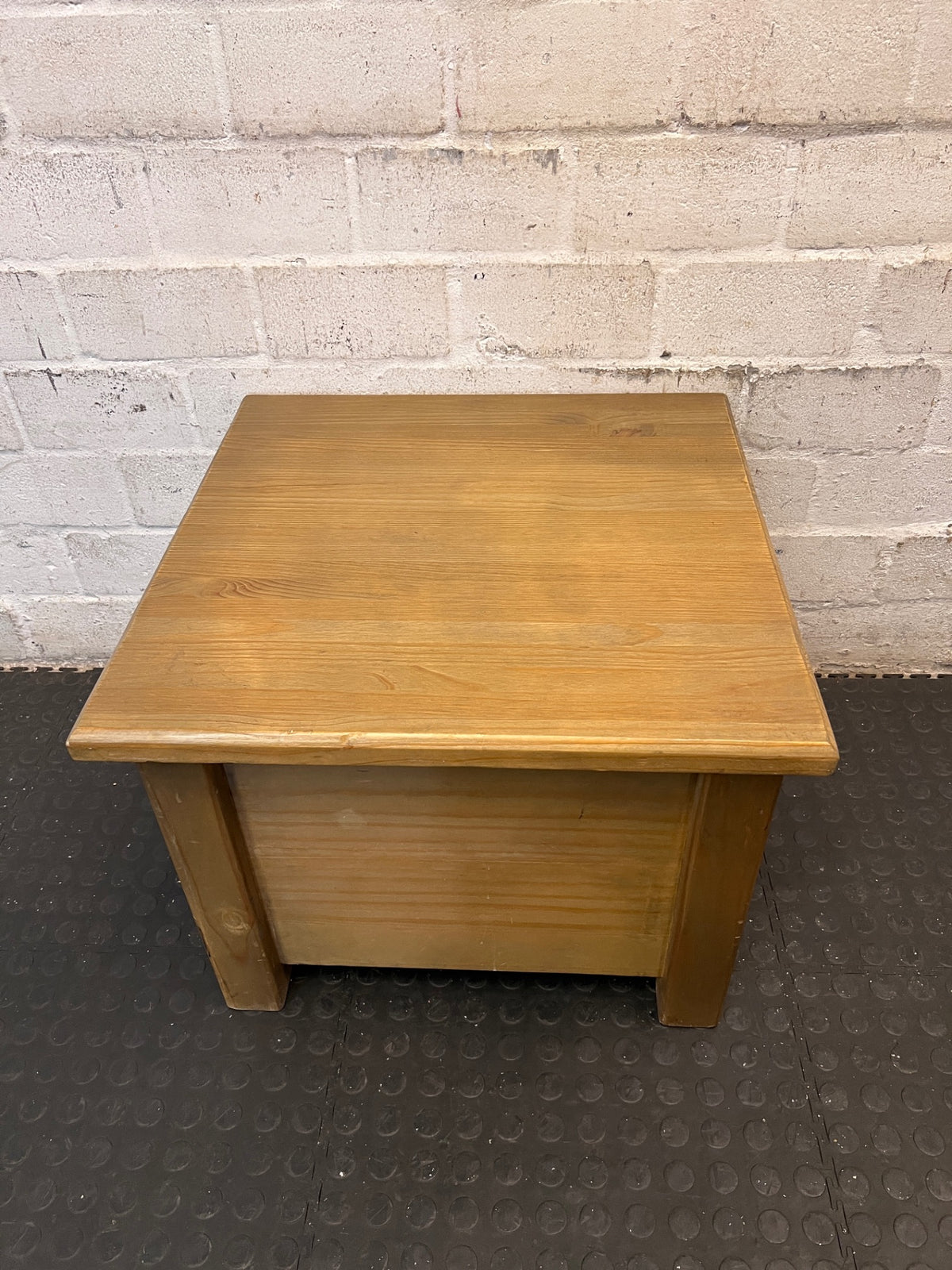 Square Brown Wooden Coffee Table with Slatted Shelf — Fair Used Condition – top view