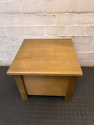 Square Brown Wooden Coffee Table with Slatted Shelf — Fair Used Condition – top view