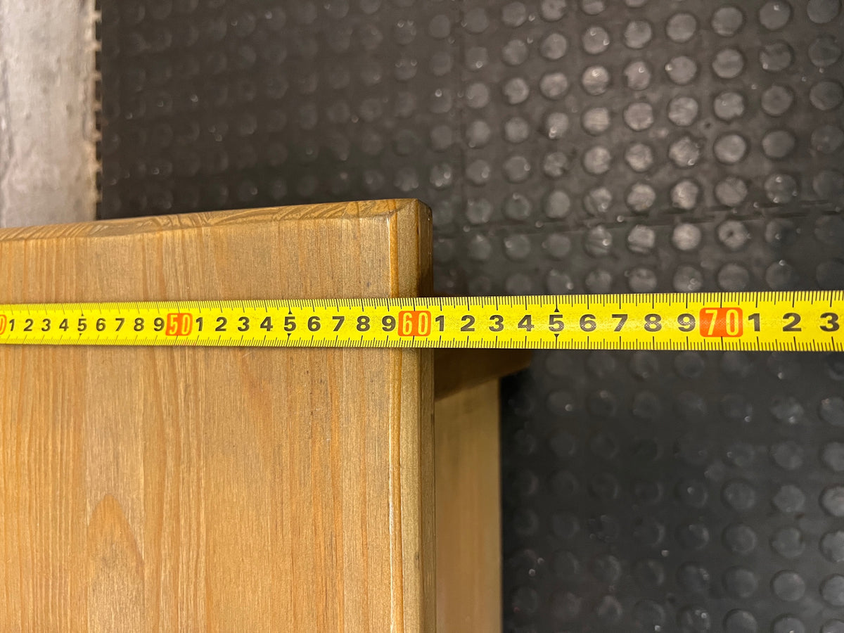 Square Brown Wooden Coffee Table with Slatted Shelf — Fair Used Condition – width measurement
