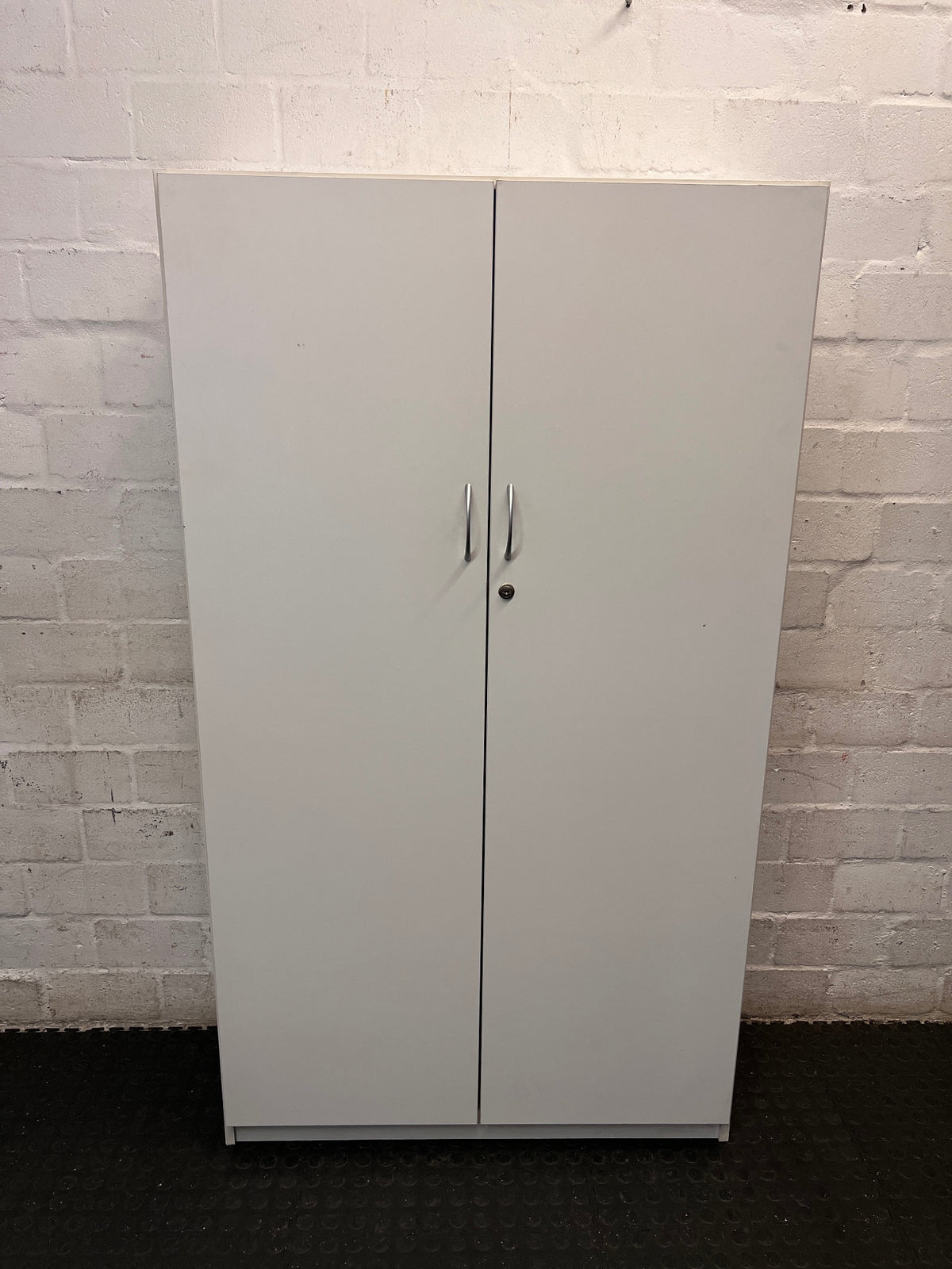 Tall White Two-Door Storage Cupboard with Lock – main front view
