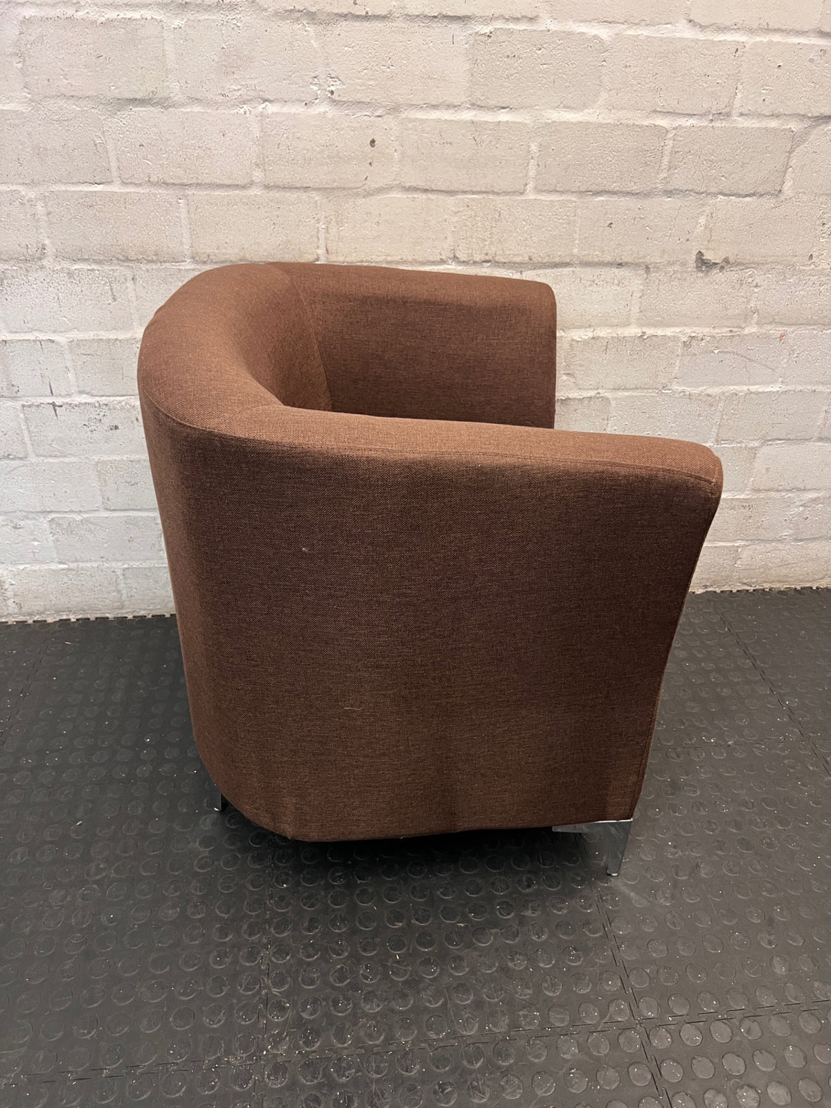 Modern Brown Fabric Tub Chair with Chrome Legs — Good Working Order – back view