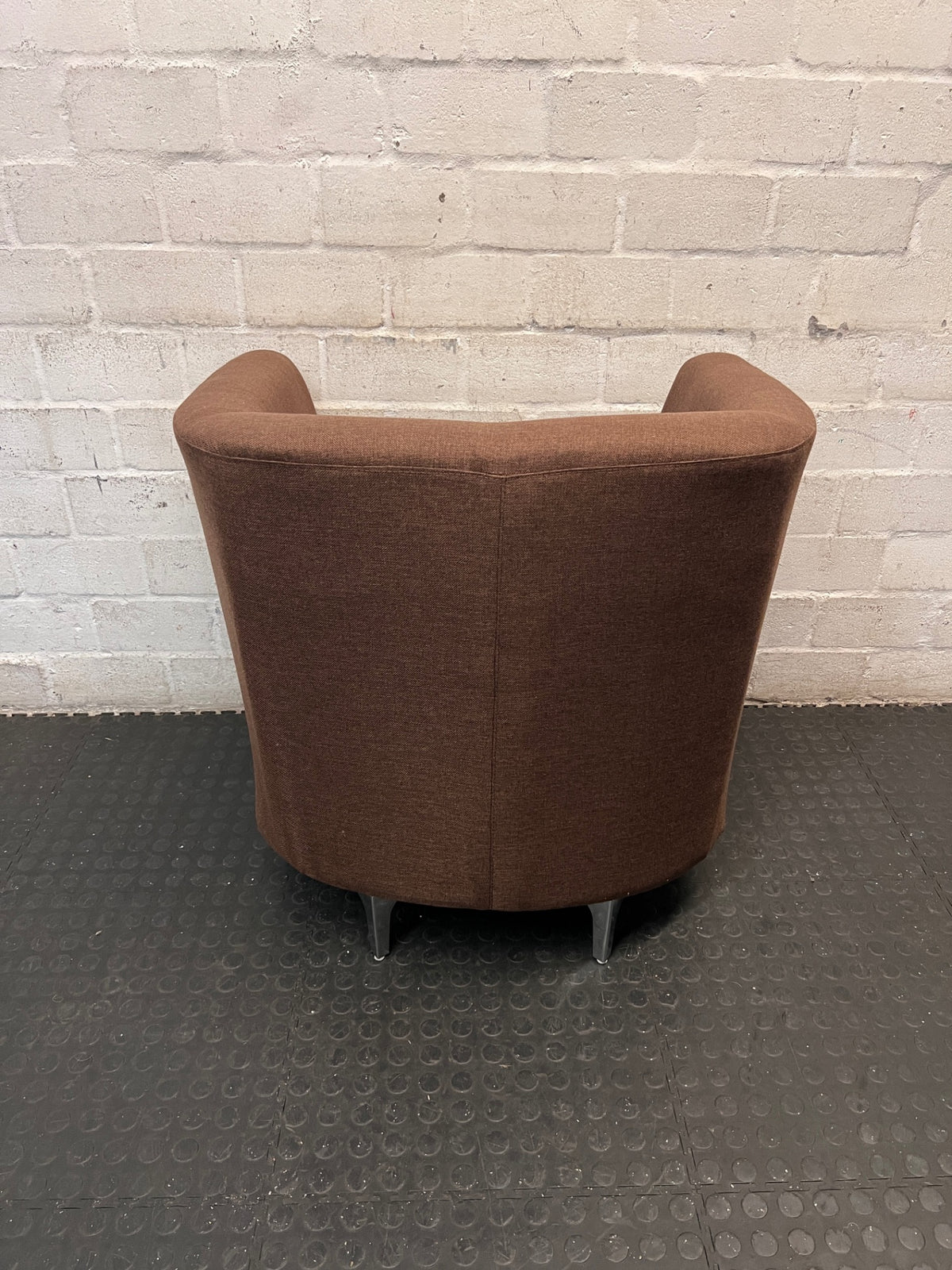 Modern Brown Fabric Tub Chair with Chrome Legs — Good Working Order – condition detail