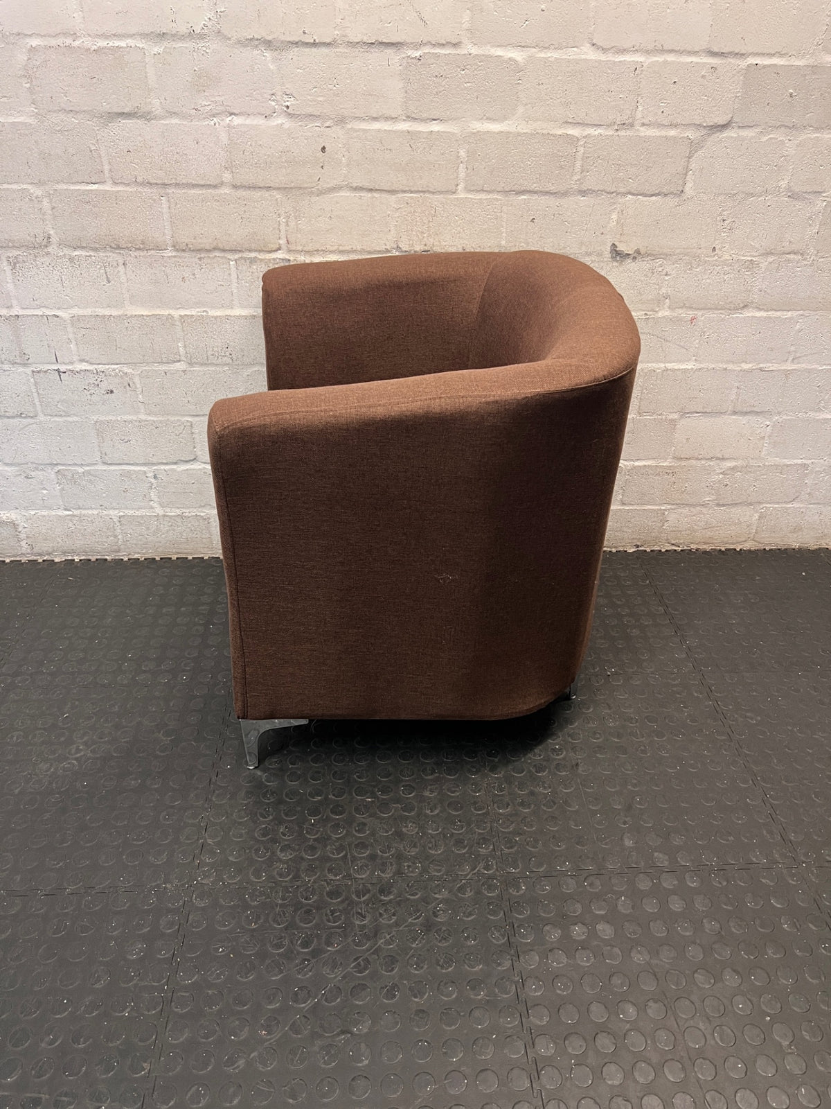Modern Brown Fabric Tub Chair with Chrome Legs — Good Working Order – side view