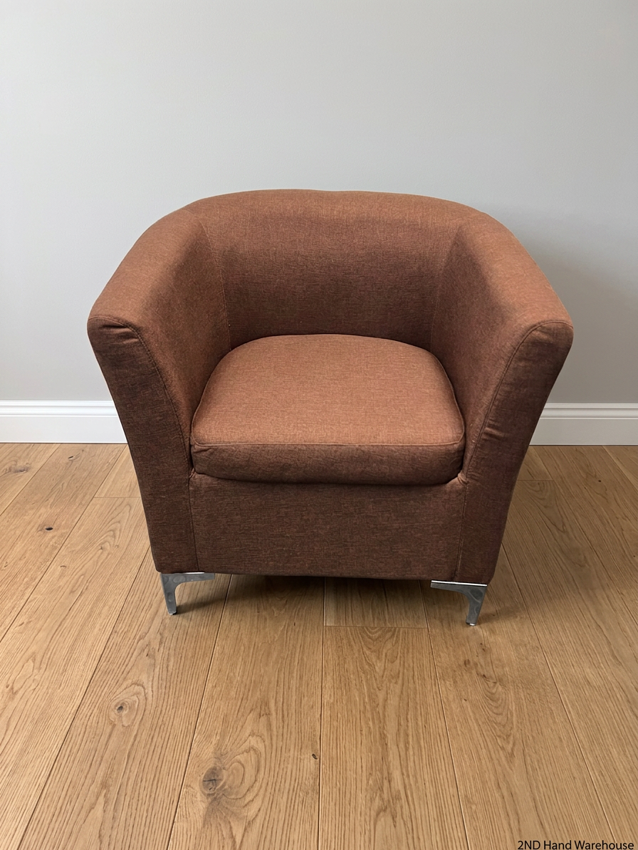 Modern Brown Fabric Tub Chair with Chrome Legs — Good Working Order – styled product image