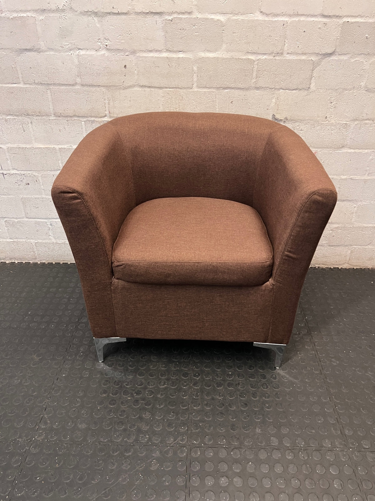 Modern Brown Fabric Tub Chair with Chrome Legs — Good Working Order – top view