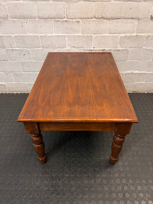 Classic Brown Wooden Coffee Table with Turned Legs — Fair Condition with Visible Wear – top view