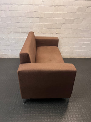 Brown Fabric 2 Seater Couch with Silver Legs — Well Used Condition – back view