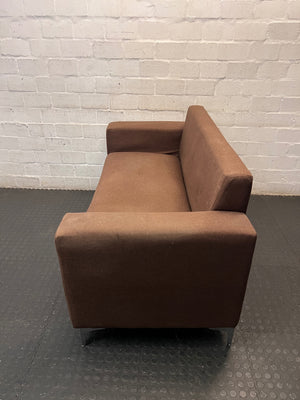 Brown Fabric 2 Seater Couch with Silver Legs — Well Used Condition – side view