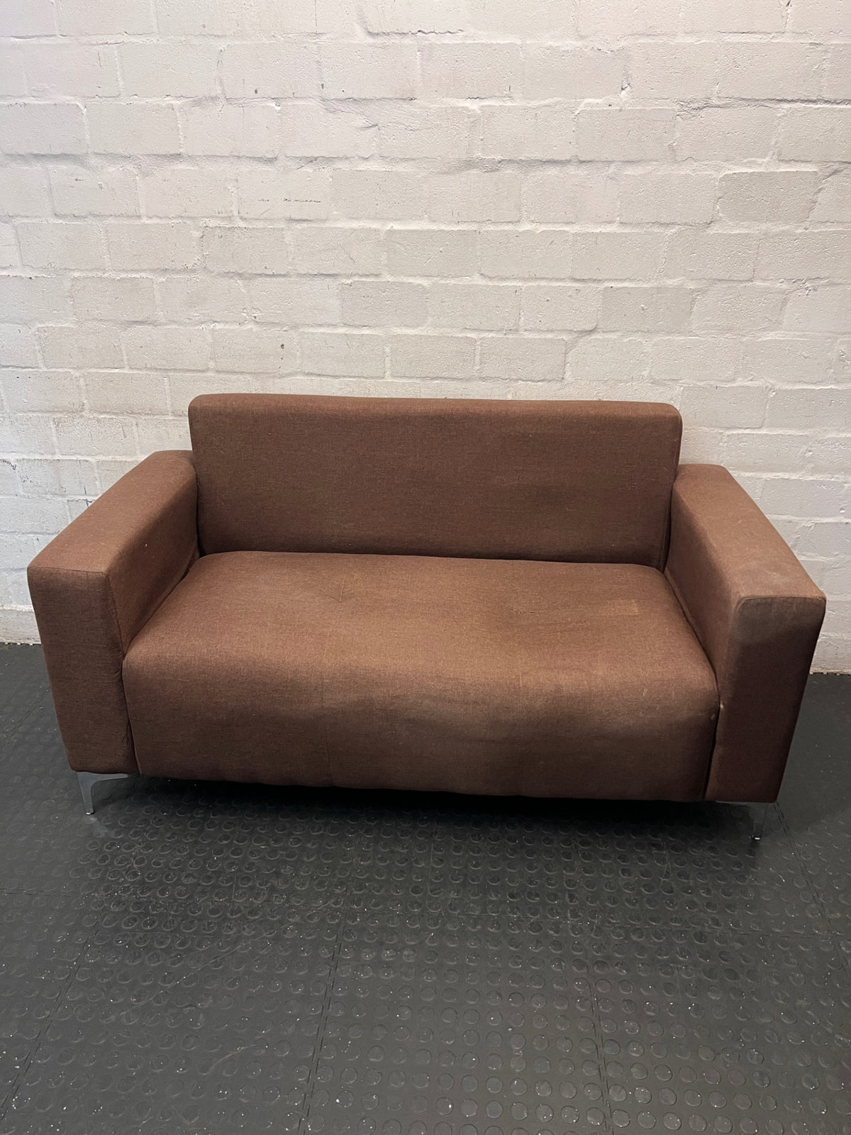 Brown Fabric 2 Seater Couch with Silver Legs — Well Used Condition – top view