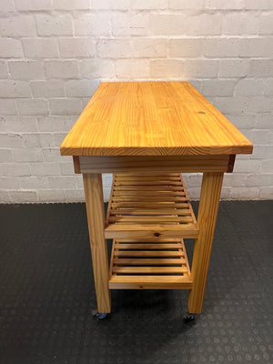 Oak-Coloured Wooden Workbench with Slatted Shelves — Fair Condition With General Wear – back view