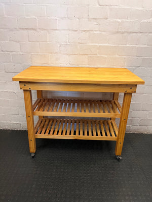 Oak-Coloured Wooden Workbench with Slatted Shelves — Fair Condition With General Wear – condition detail