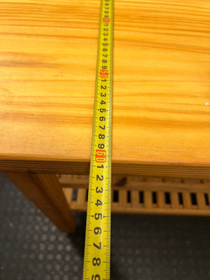 Oak-Coloured Wooden Workbench with Slatted Shelves — Fair Condition With General Wear – depth measurement