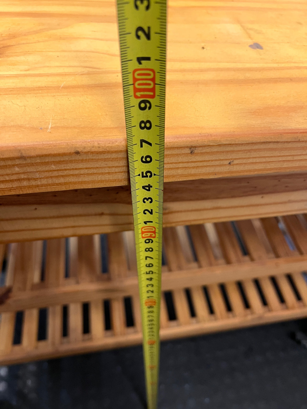 Oak-Coloured Wooden Workbench with Slatted Shelves — Fair Condition With General Wear – height measurement
